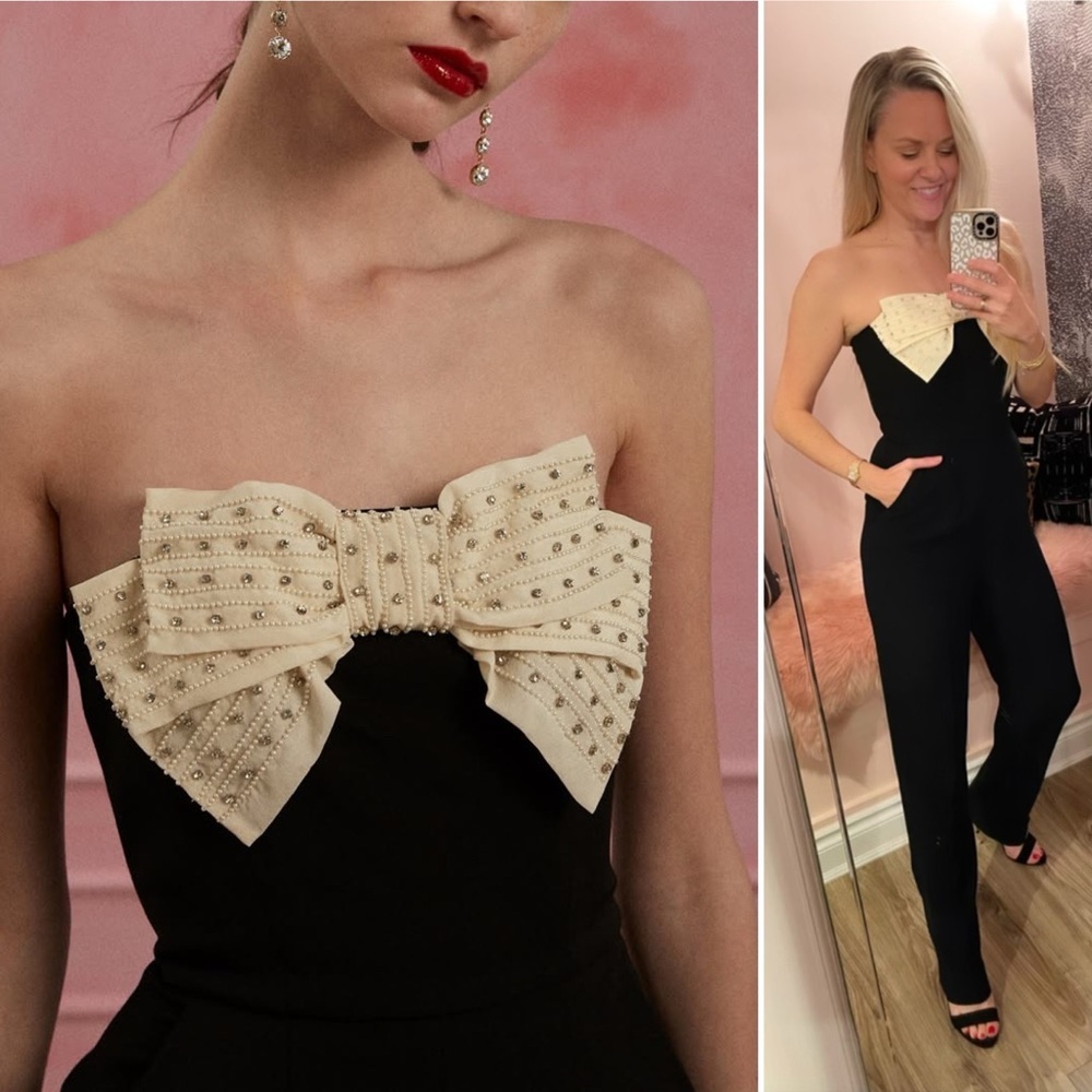 Saloni Sabine Strapless Bow Jumpsuit Black Ivory US 4 NWOT - Picture 16 of 16